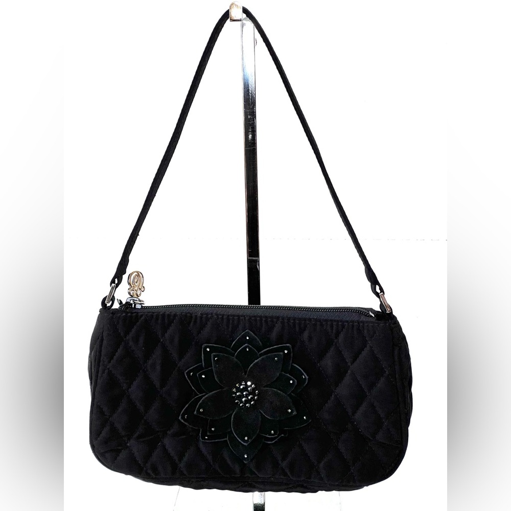 Vera Bradley Black Quilted Gigi hand bag w/ Suede and crystal appliqué flower